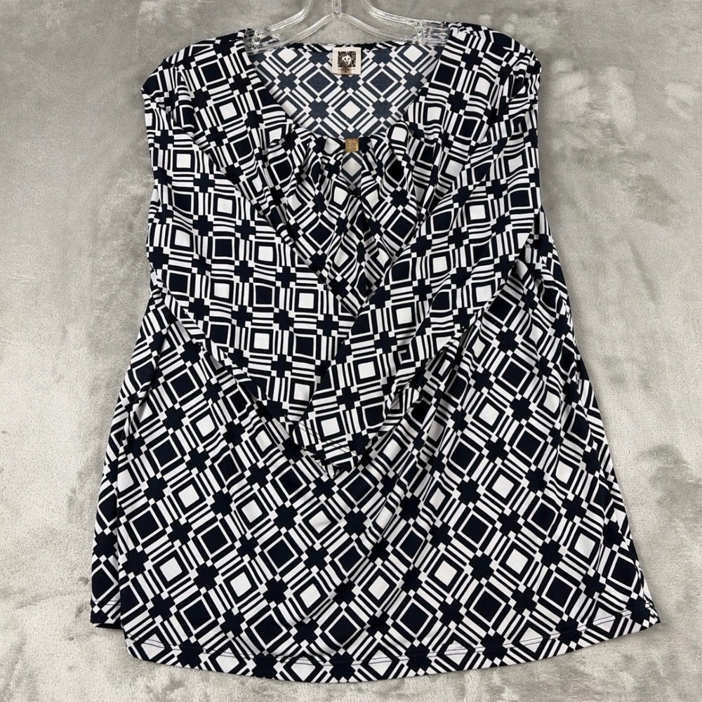Anne Klein Womens Navy Blue White Geometric Cowl Neck Sleeveless Shell Top‎ Sz M